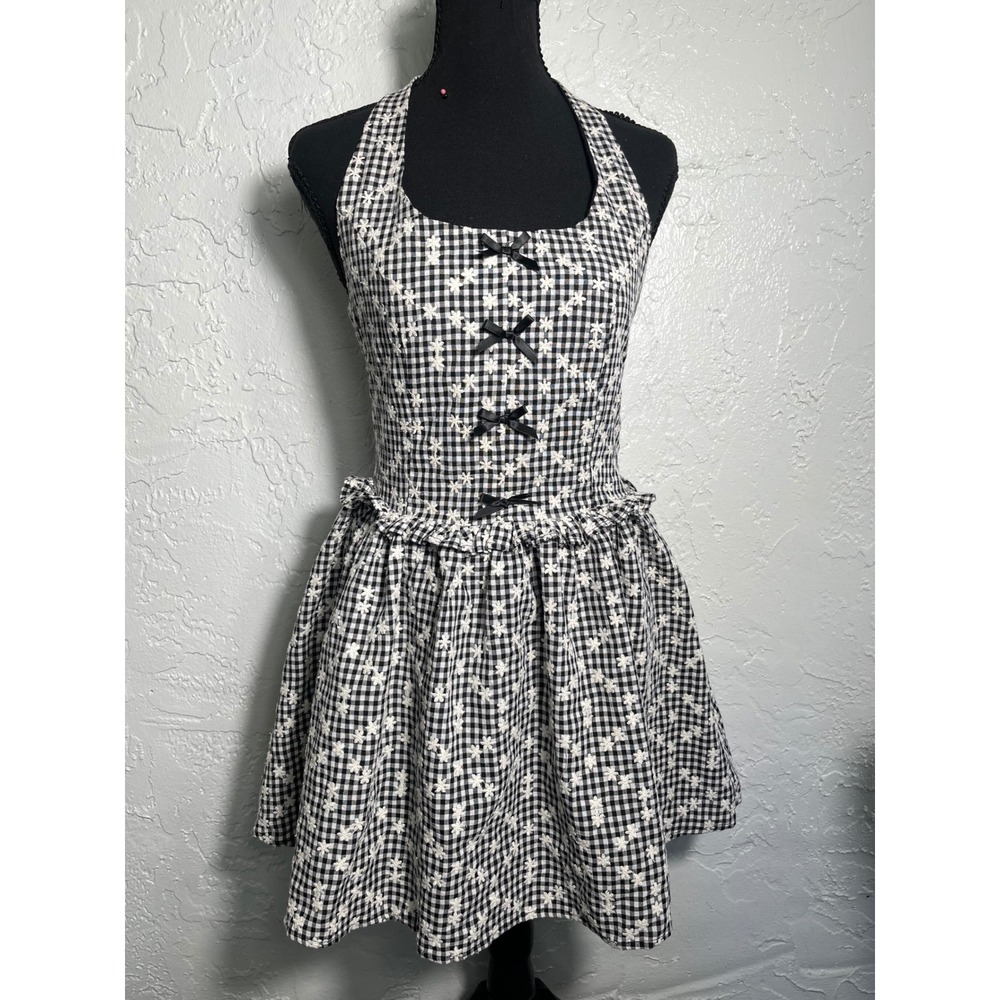 PEIRAN Size S Black White Gingham Floral Embroidered Bow Fit Flare Dress